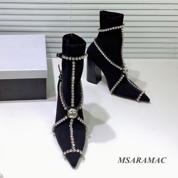 

boots black diamond-studded high heel slim stretch knit winter fashion pointed toe ladies ankle1