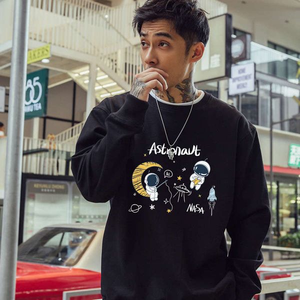 

nasa co branded astronaut sweater men's fall / winter 2020 plush crew neck long sleeve korean loose student top, Black