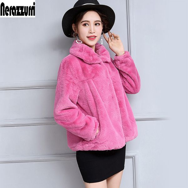 

nerazzurri autumn short light faux fur jacket women long sleeve high waist plus size fashion 5xl 6xl 7xl pleated fake fur coats 201209, Black