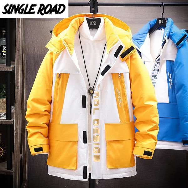 

men's down & parkas singleroad mens long jacket men 2021 winter cargo patchwork hooded windproof coat hip hop streetwear for, Black