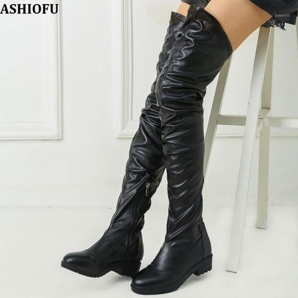 

boots ashiofu handmade ladies thigh high pleaed foux-leather over knee night-club party prom fashion evening1, Black