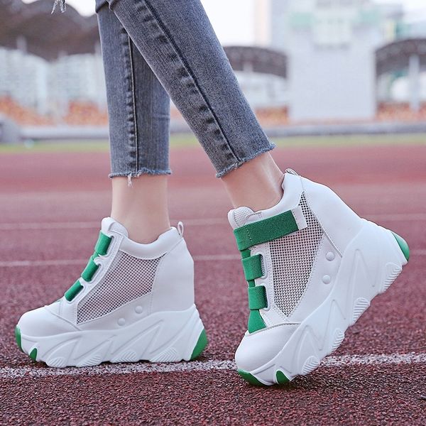 

platform sneakers summer breathable mesh women wedges heels casual 11 cm thick sole trainers white shoes y200424, Black