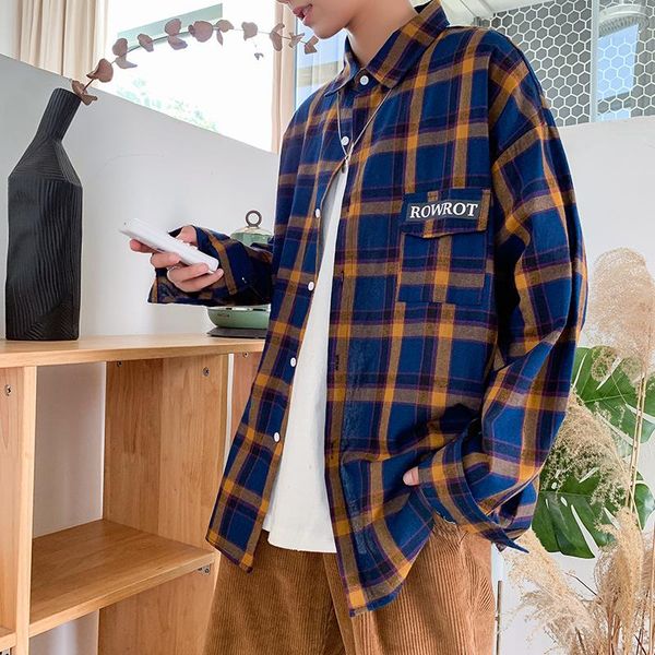 

spring and autumn new japanese printed casual long-sleeved plaid shirts men's hawaiian blue red, White;black