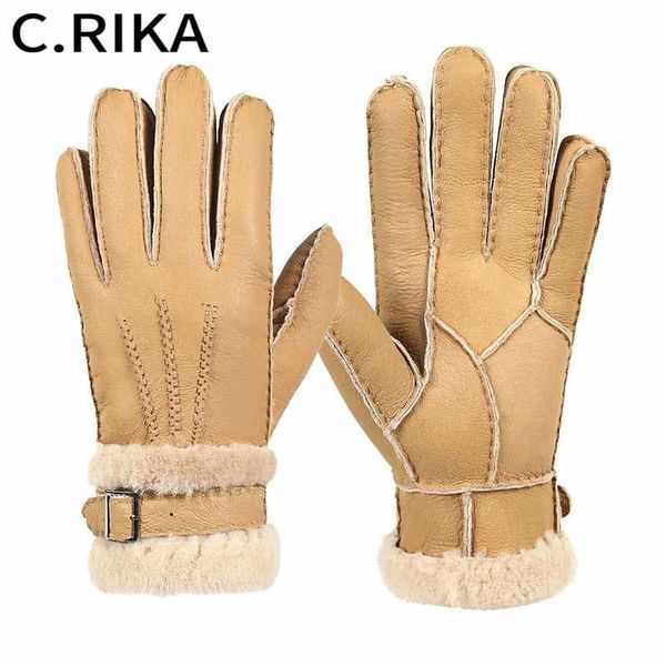 

100% sheepskin genuine leather gloves fashion men women winter autumn warm fleece snow mittens outdoor five finger wrist gloves 201021, Blue;gray