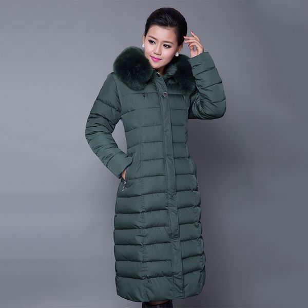 

x-long women winter puffer jacket office ladies solid parka hooded thick with fur collar slim cotton padded coat frau jacke 201028, Black