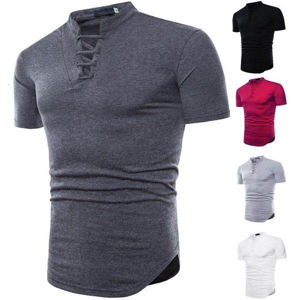 

selling 2019 new men's style solid color bandage v-neck fashion short sleeve t-shirt, White;black