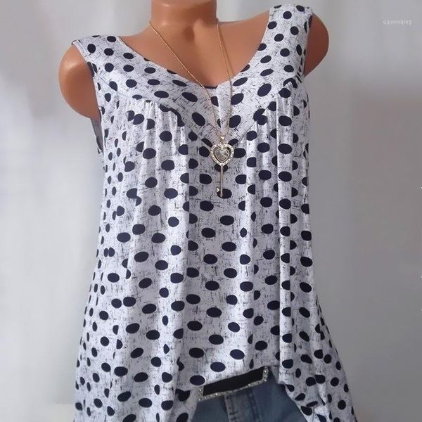 

women summer 2019 tshirts casual sleeveless tees polka dot print t-shirt v-neck loose vests plus size 5xl shirts1, White