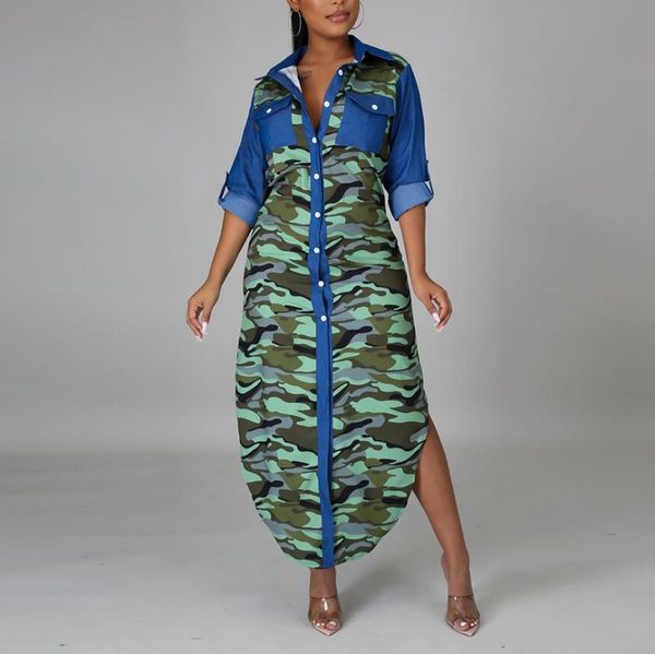 

cutubly printed dress single breasted turn down collar maxi dress new full sleeve high waist autumn winter camouflage long, Black;gray