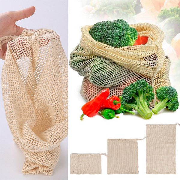 

3pcs set cotton reusable mesh produce with drawstring fruit vegetable storage bag washable grocery shopping bags