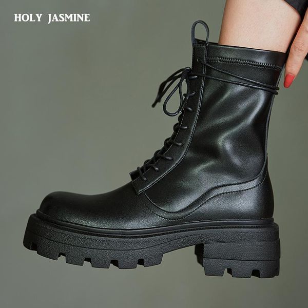 

boots 2021 black genuine leather ankle women autumn winter round toe lace up shoes woman fashion motorcycle platform botas