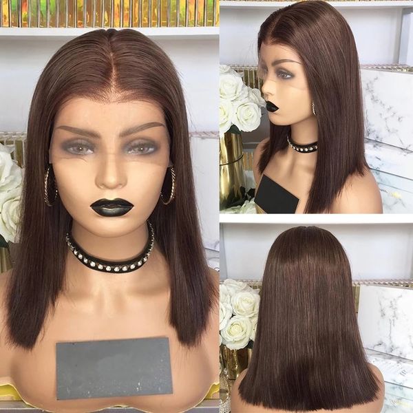 

peruvian chocolate brown straight lace front 100% human hair wigs with baby hair full lace wigs for women bleached knots 360 frontal wig, Black