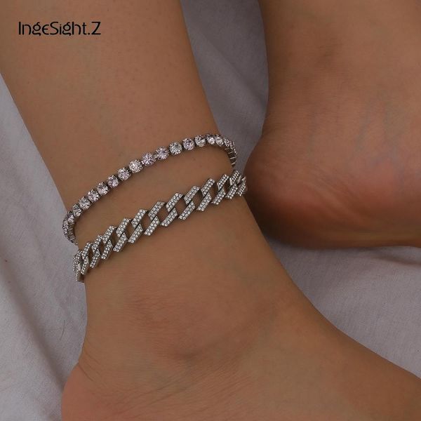 

ingesight.z 2pcs set luxury shiny rhinestone crystal cuban anklet bracelet silver color anklets on foot barefoot sandals jewelry h wmtqzy, Red;blue