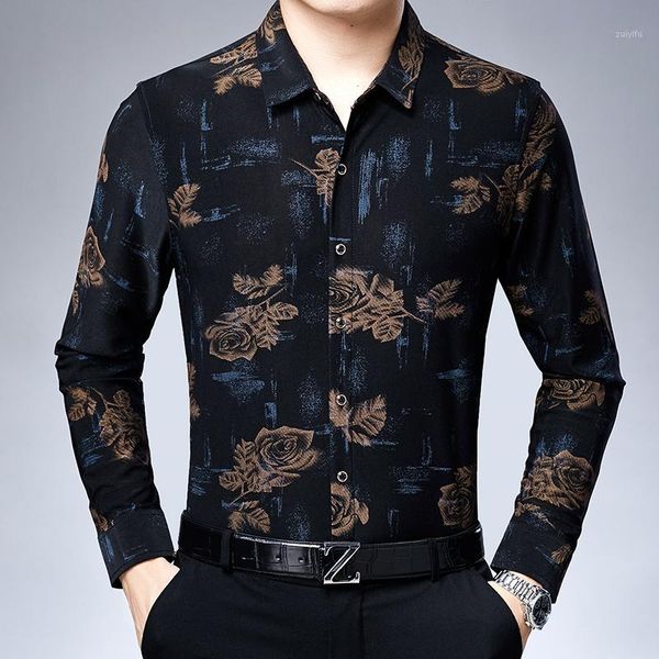 

flowers mens shirts long sleeve 2019 winter velvet shirts mens silk clothing rose printed retro fleece warm dress1, White;black