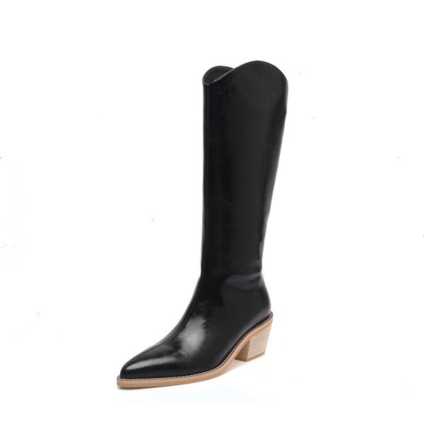 

kmeioo new high-heel boots women knee-high genuine leather boots keep warm pointed toe shoes british style knight mujer, Black