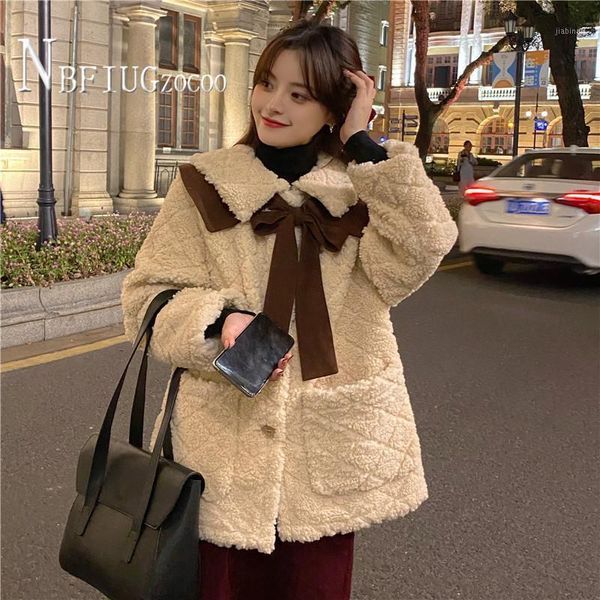 

2020 autumn winter korean new imitation lambswool women coat bowknot warm female jacket1, Black;brown