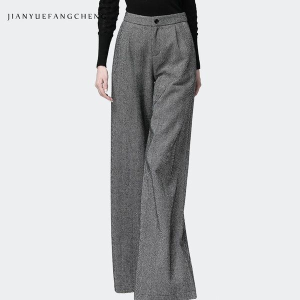 

office ladies pants trousers gray long wide leg winter pants women plus size 2020 warm high waist wool pantalon striped1, Black;white