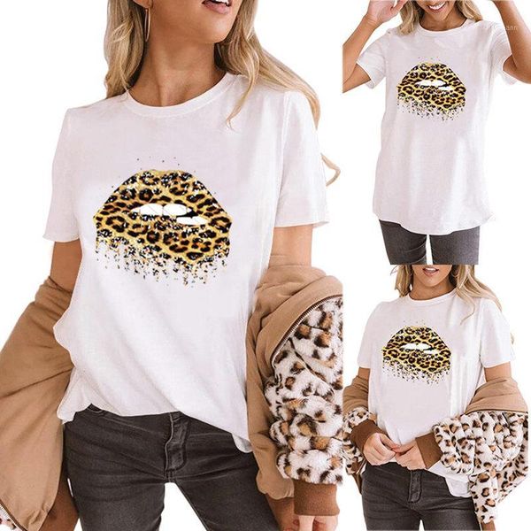 

women leopard print lips tee letters short sleeve funny graphics soft casual white slogan hipster t-shirt1