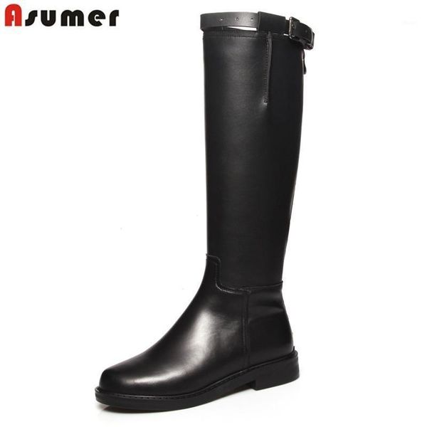 

boots asumer size 34-42 fashion genuine leather round toe ladies autumn winter knee high square heels shoes women1, Black