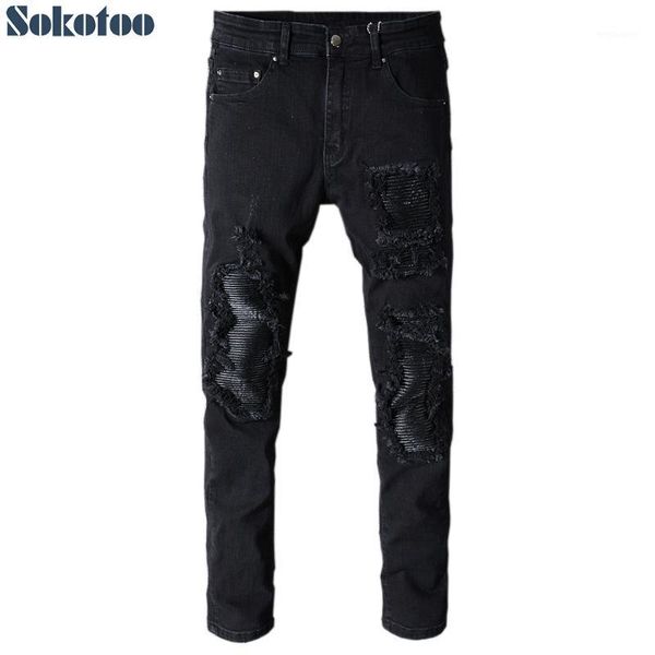 

sokotoo men's black patchwork slim fit stretch denim biker jeans for motorcycle casual skinny patch ripped distressed pants1, Blue