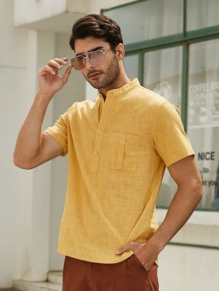 

men patched pocket half button shirt b9ti#, White;black