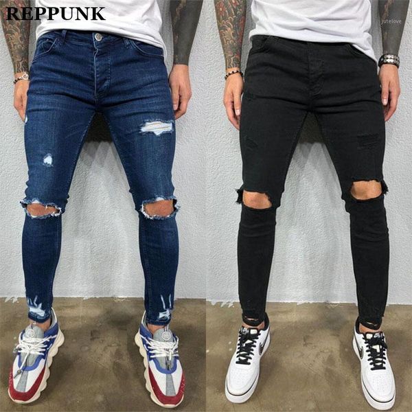 

reppunk 2020 mens solid color jeans new fashion slim pencil pants casual hole ripped design streetwear hiphop male pants1, Blue