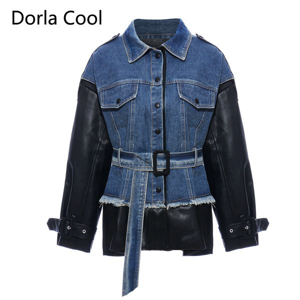 

autumn personality denim leather jacket from shredded plutonium thin strips outerwear female coat chic street clothes 3ooe, Black;brown