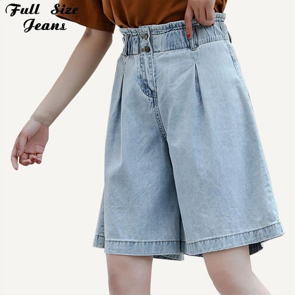

women's plus size elastic waist wide leg bermudas denim shorts 4xl classic vintage female casual summer ladies short jeans mom1, Blue
