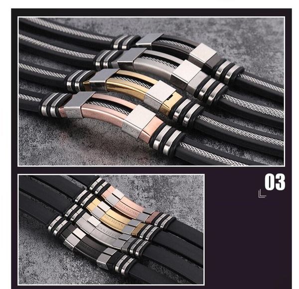 

pretty stainless steel bracelet chic wristband punk style design simple rubber charm pulsera hombre men bracelet, Black
