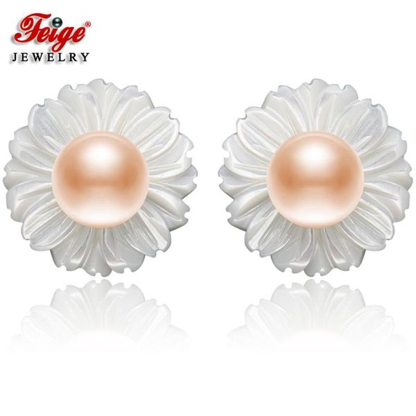

stud shell carved flowers 3 colors natural cultured pearls 925 sterling silver earring for women fashion jewelry wholesale feige, Golden;silver