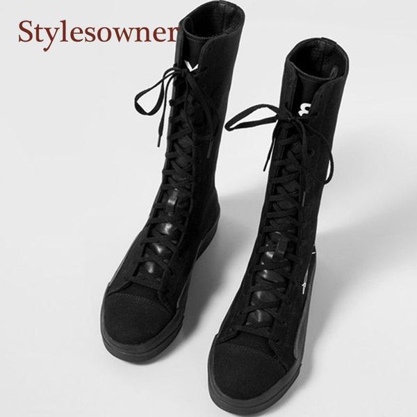

boots women round toe sports leisure trendy 2021 autumn fashion all-match black lace-up platform high-ankle canvas boots1
