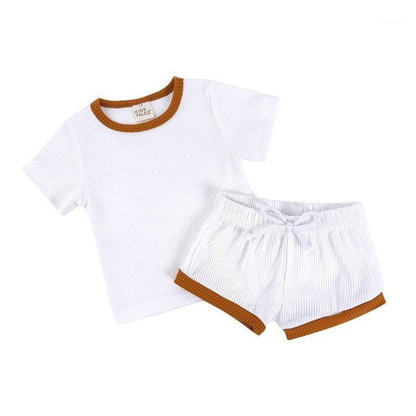 

clothing sets baby girl clothes 2021 summer boy solid color striped short sleeves shorts pants two-piece suit children cotton clothes1, White