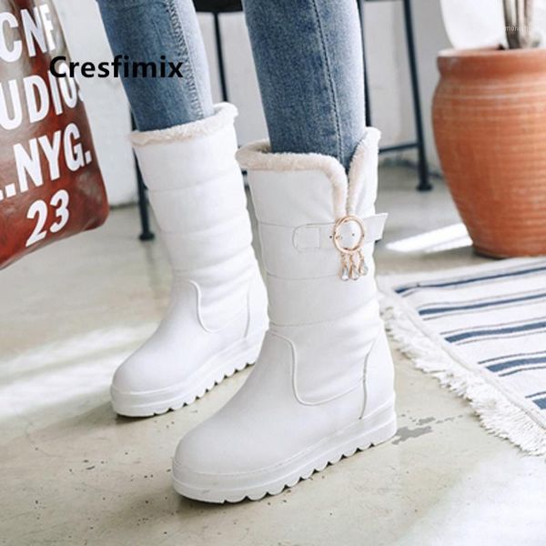 

boots women cute sweet white mid calf winter warm female casual autumn fur black waterproof e60751