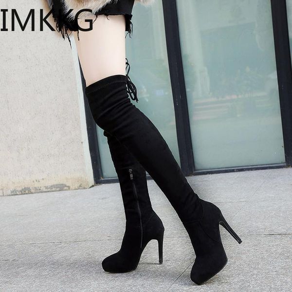 

autumn fashion thigh high boots women shoes woman stiletto over the knee boots pointed toe high heels long, Black