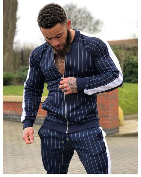 

new men's muscle sports brothers 2019 running training fitness suit striped pants coat, Gray