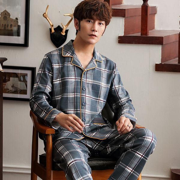 

autumn korean pjamas for men lapel cardigan long sleeve pure cotton men's pajamas simple casual comfortable homewear set, Black;brown