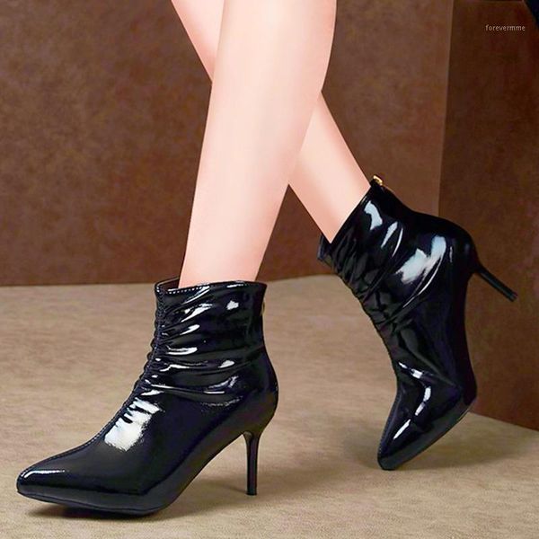 

boots rimocy black patent leather ankle for women 2021 fashion pointed toe high heels woman winter party shoes female1