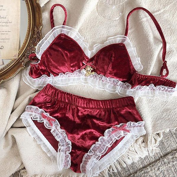 

wriufred vintage velvet bra sets mesh lace luxury bralette and panties set no-rim triangle cup underwear set large size1, Red;black
