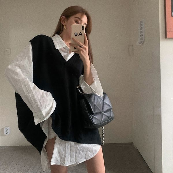 

v neck knitted women vest sweater sleeveless pullover pull femme jersey mujer y201128, White;black