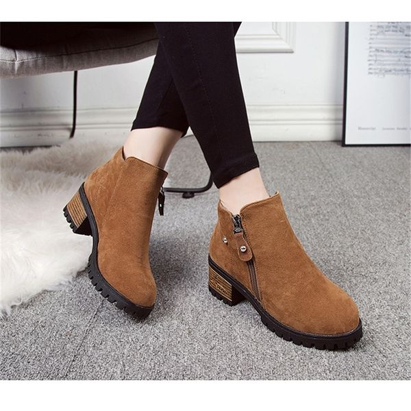 

womens autumn winter fashion chunky heels ladies shoes woman flock ankle boots for women zipper botas mujer y200115, Black