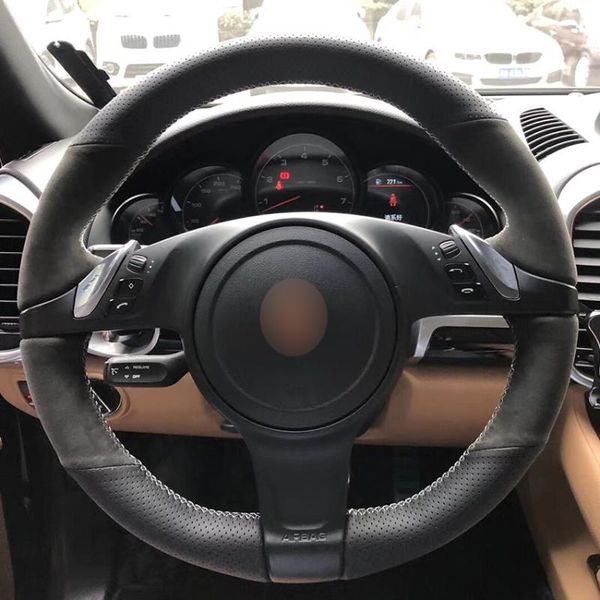 

black natural leather black suede car steering wheel cover for panamera 2010 2011