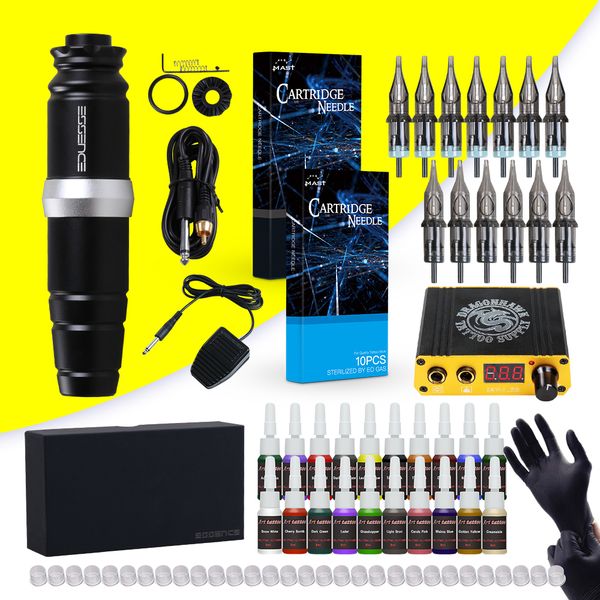 

dragonhawk tattoo kit rotary motor pen machine 20 color inks power supply cartridges needles d3035