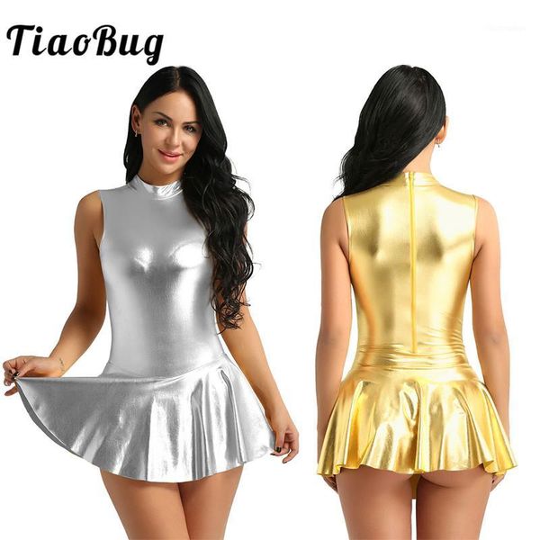 TiaObug Mulheres Metálicos Faux Leather Stage Costumes Adulto Ginástica Sem Mangas Gymnastics Leotard Bodysuit Ballet Tutu Leotard Vestido1