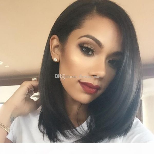 

selling peruvian straight hair swiss lace front bob wigs adjustablepure handmadelace frontal human hair average size wig, Black;brown