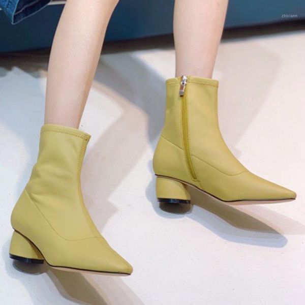 

fashion ankle boots genuine leather high heels stretch women autumn booties pointed toe women pump size 35-401, Black