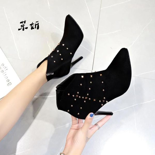 

winter boots ankle boots women shoes woman fashion high-heeled pointed rivet 2020 winter short fur warm x4951, Black