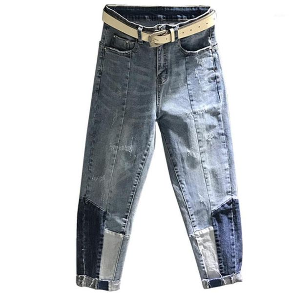

plus size 26-312020 spring autumn new fashion contrast color patchwork women jeans loose harem pants ankle length1, Blue