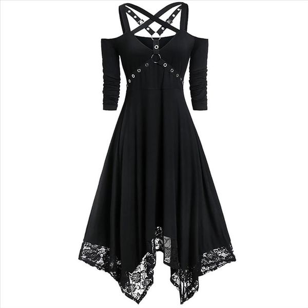 

womens gothic halloween dress ladies simple casual dresses plus size strapless lace half sleeve gothic lace dress, Black;gray