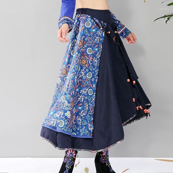 

2018 spring and autumn high waist ethnic style floral women skirt long chinese style vintage patchwork skirts womens1, Black