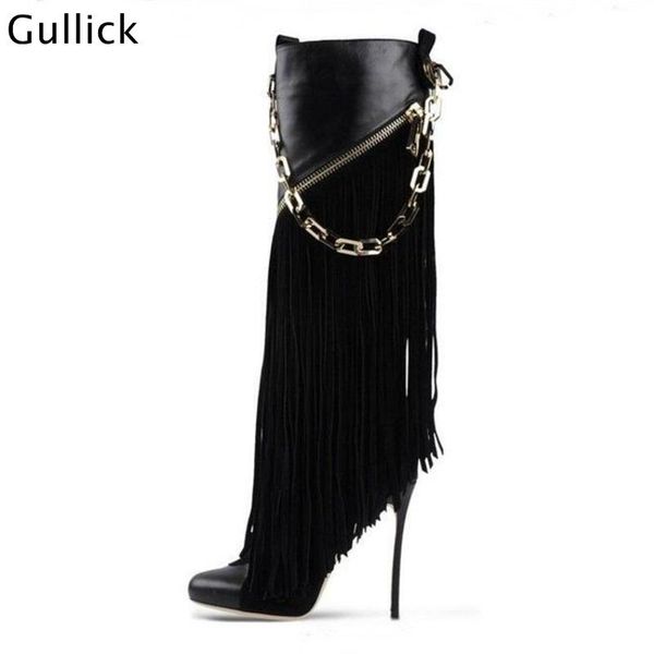 

women high heel shoes winter black tassel fringed gladiator knee thigh high boots zipper chain leather woman shoes