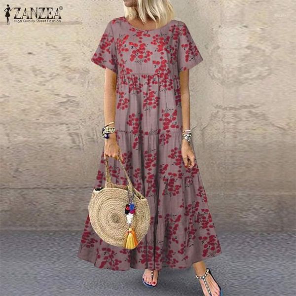 

s 5xl 2020 summer floral printed dress women bohemian beach sundress zanzea vintage short sleeve long vestido kaftan tunic robe1, Black;gray